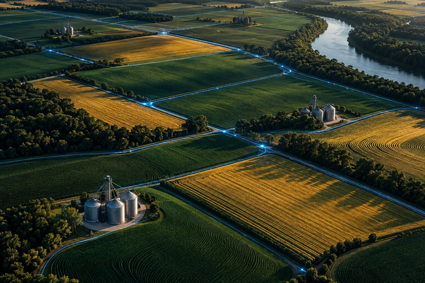 AI-generated illustration of fields, grain silos, and a river connected by blue data paths.